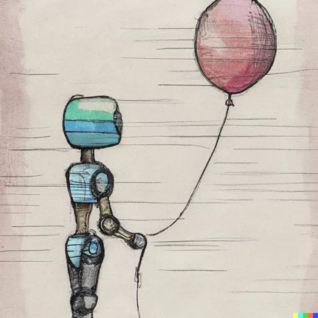 “Abstract pencil and watercolor art of a lonely robot holding a balloon“ - Dall-E 2