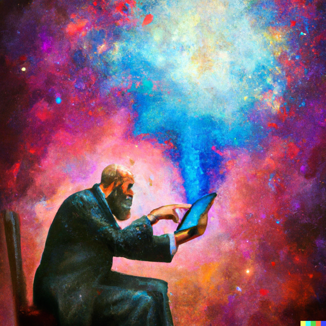 Image generated from DALL-E 2 - An expressive oil painting of a psychoanalyst reading an iPad, depicted as an explosion of a nebula