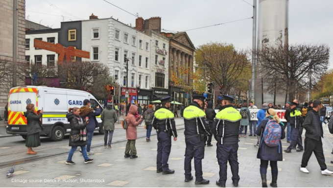 An Garda Síochána (Irish Police) on patrol in Dublin city centre where a violent riot took place on the night of the 23rd of November 2023